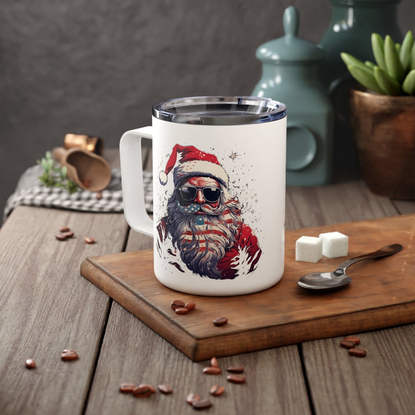 Patriotic Santa Insulated Coffee Mug, 10oz