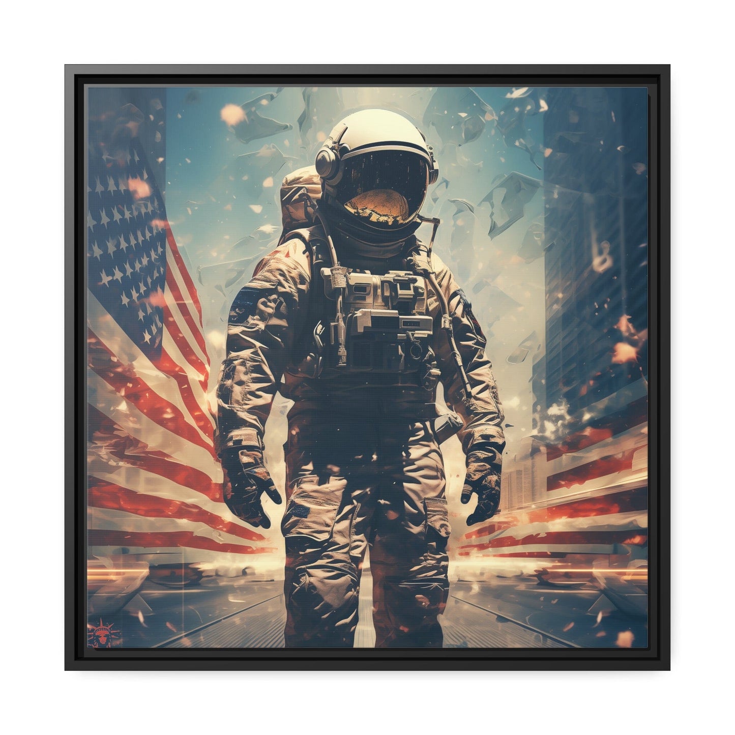 Astronaut in the City Matte Canvas Black Frame