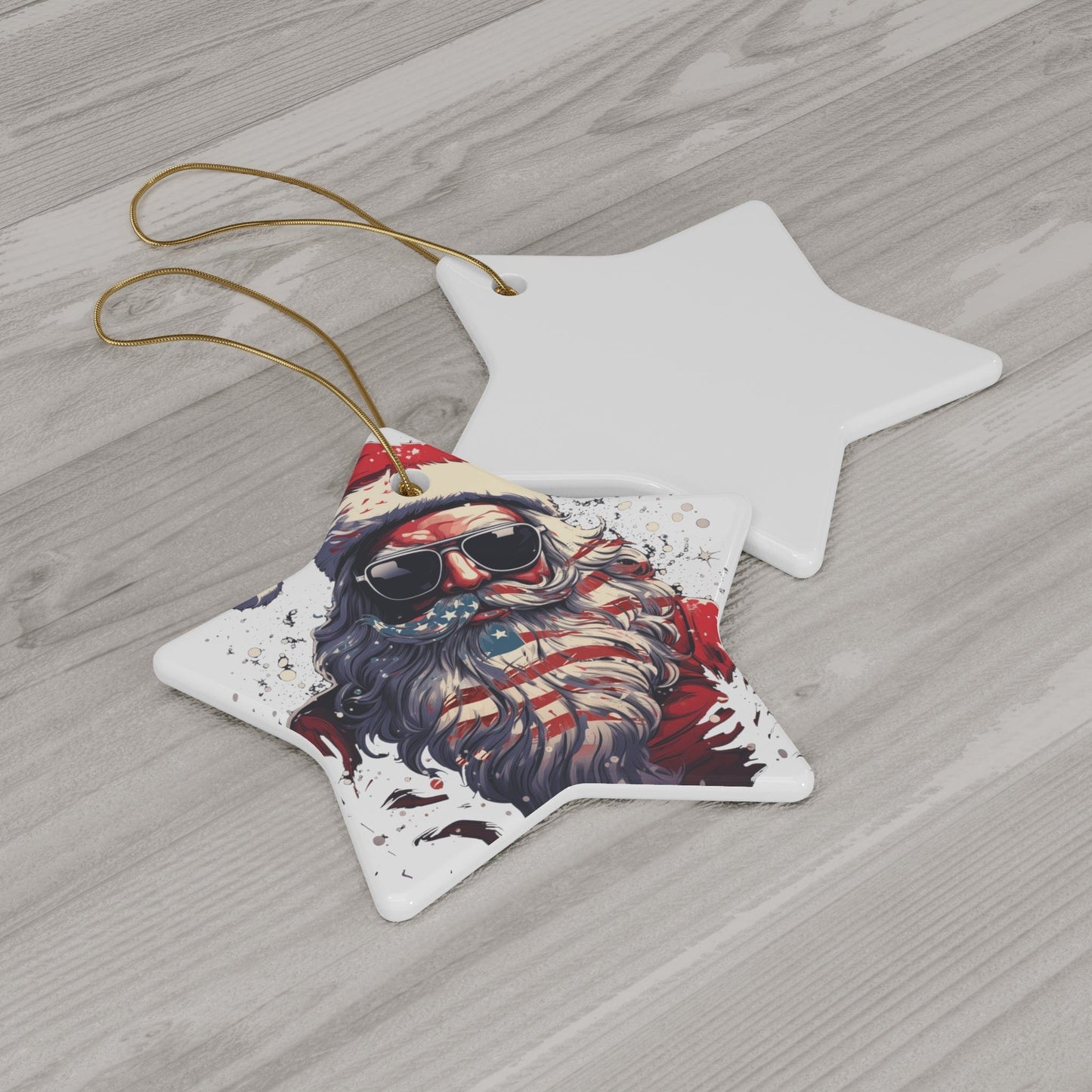 Patriotic Santa Ceramic Ornament, 3 Shapes