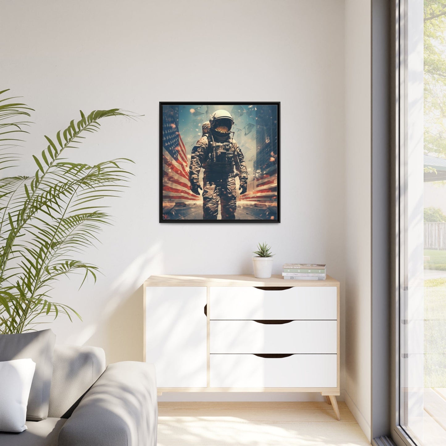 Astronaut in the City Matte Canvas Black Frame