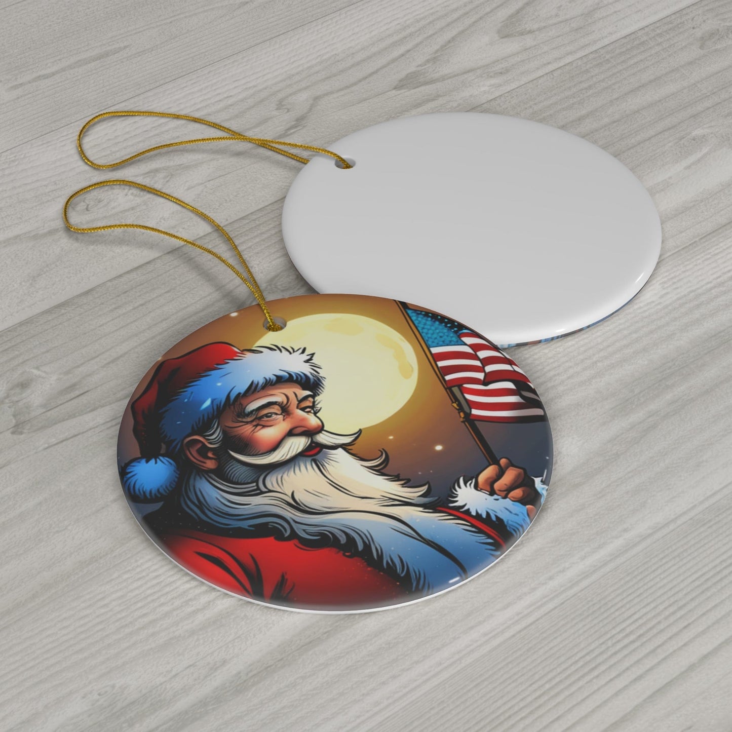 Patriotic Santa Ceramic Ornament, 2 Shapes